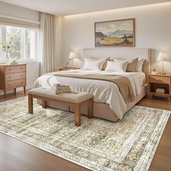 Soalmost 5x7 Area Rug Green/Orange Low Pile Washable Trendy Faded Style Rug | - Image 4