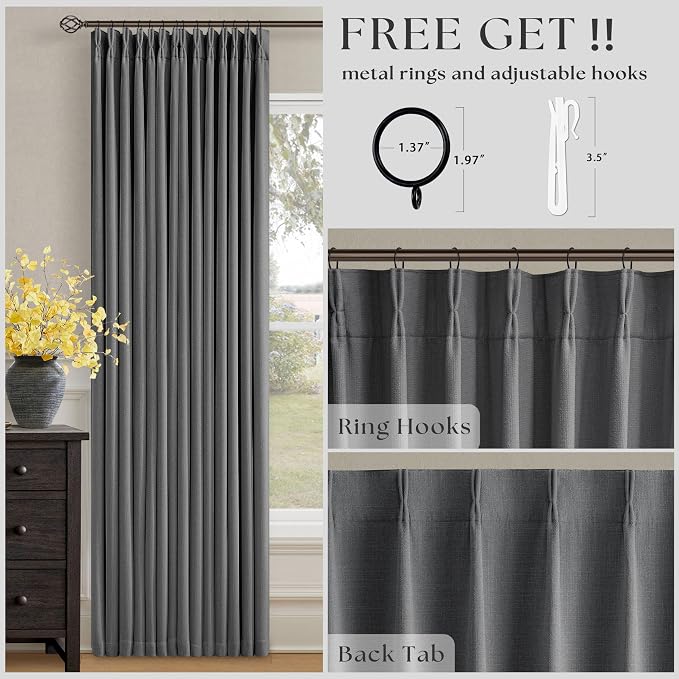 Dark Grey Pleated Thick Linen Blackout Curtains 96 Inches Long - Image 4