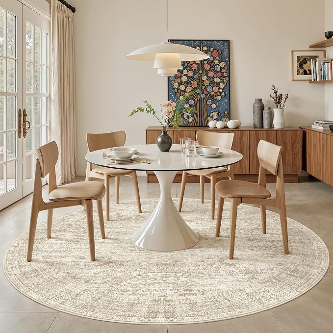 Soalmost Round Rugs 9ft Living Room Circle Area Rug 9x9 Beige Vintage | - Image 3