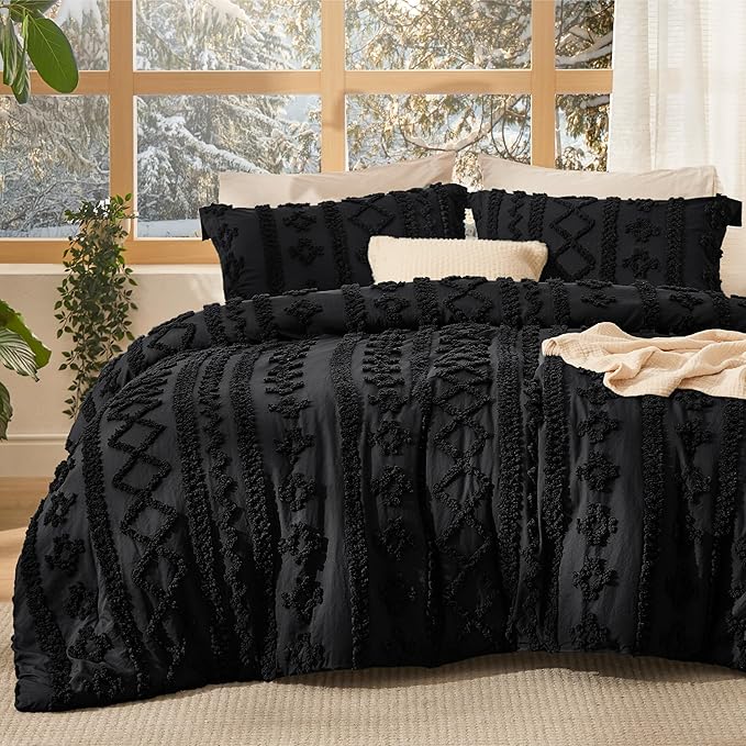 Bedsure Tufted Boho Comforter Set Oversized Queen - Black Boho Bed Set, GentleSoft™ 3 Pieces Farmhouse Shabby Chic Embroidery Bedding, Gifts for Woman, Soft Jacquard Comforter for All Seasons