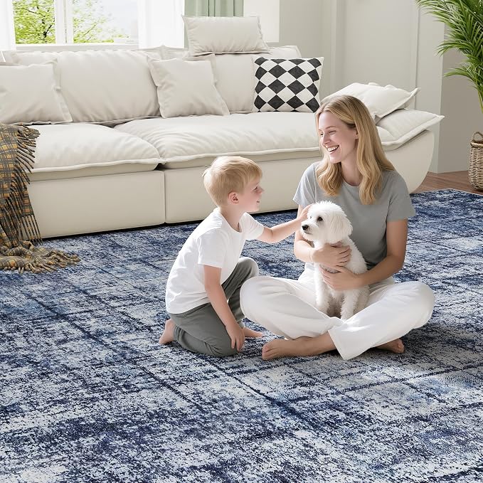 8x10 Washable Area Rug for Living Room Bedroom: Non-Slip Modern Navy Blue | - Image 7