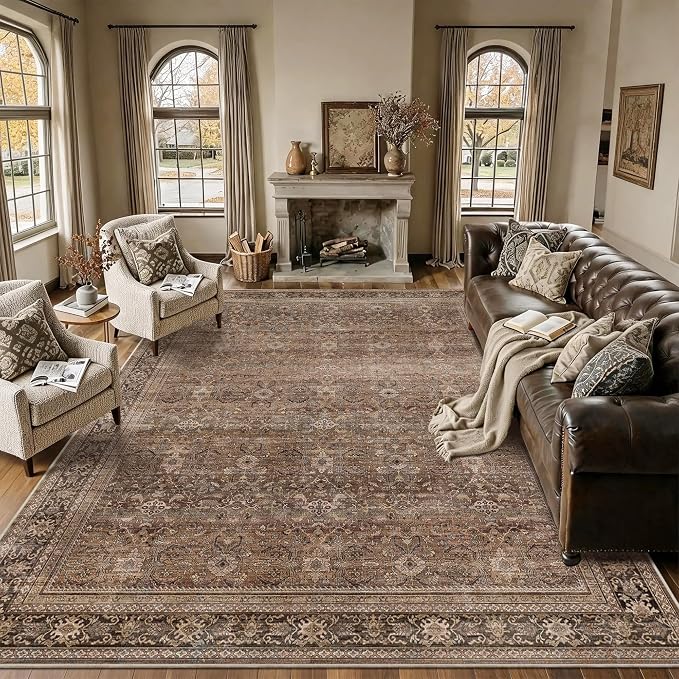 Schweek 10x14 Washable Area Rug Brown Neutral Vintage Distressed Large Rugs | by Schweek