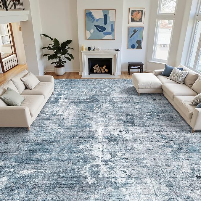 Soalmost 10x14 Area Rugs for Living Room Washable Rug Abstract Blue/Grey | - Image 4