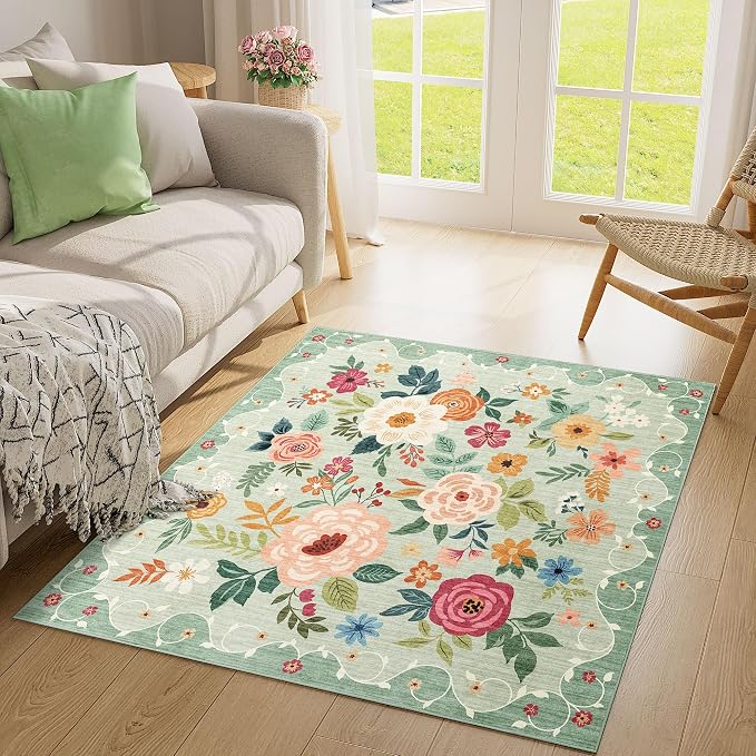 DUKINO 4x4 Square Area Rug, Soft Floral Washable Rug - Image 4