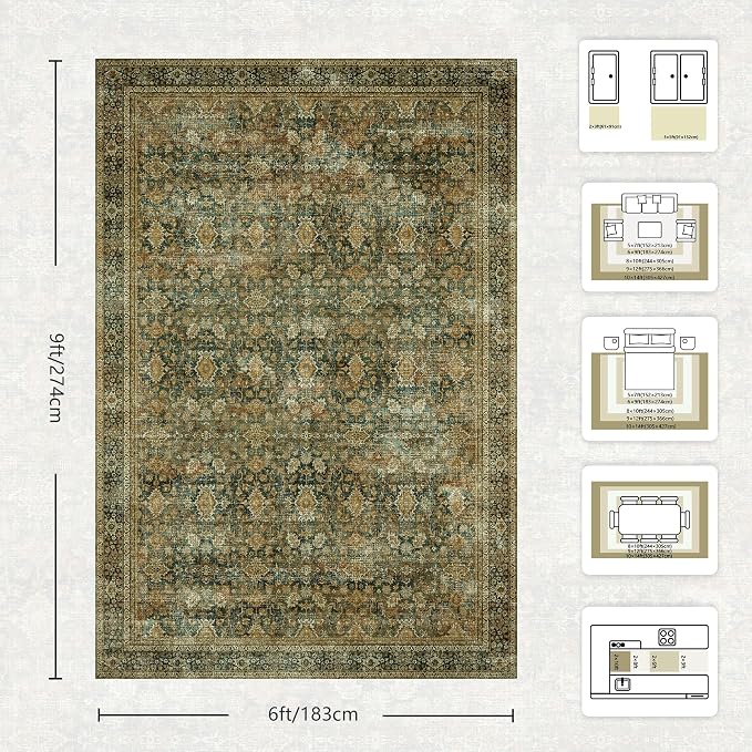 6x9 Area Rugs - Washable Vintage Retro Living Room Rug, Soft Ultra Thin Non - Image 2
