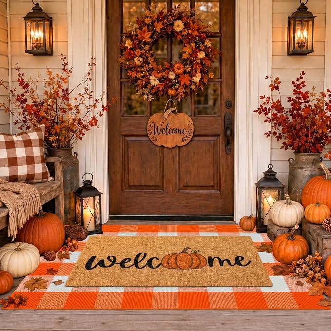 2 Pcs Fall Door Mat, Layered Pumpkin Welcome Coir Doormat - Image 3