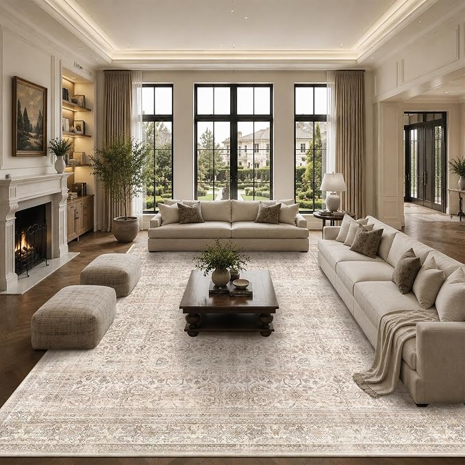 Schweek 10x14 Washable Large Area Rug Beige Neutral Vintage Distressed Rugs | by Schweek