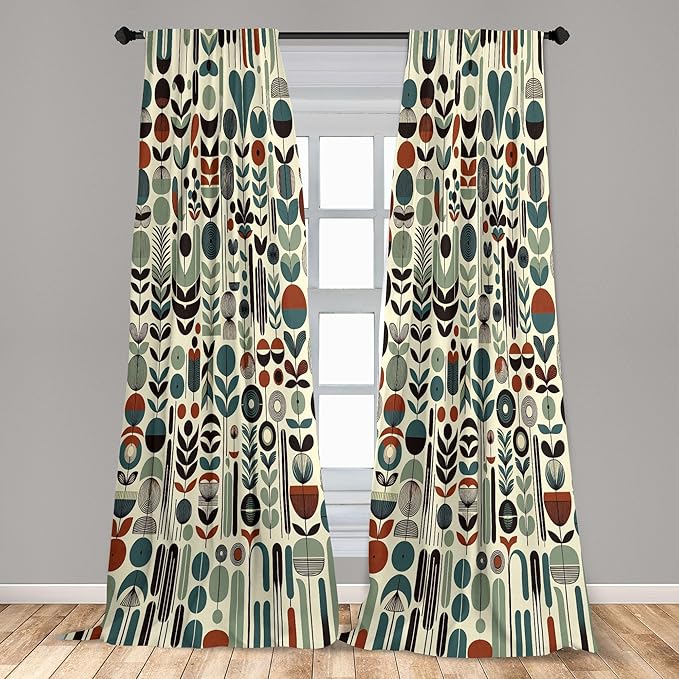 Ambesonne Leafy Art Curtains, Scandinavian Leaves Pattern with Geometric Roundy Modern Boho Print, Window Treatments 2 Panel Set for Living Room Bedroom, Pair of - 28" x 84", Pale Green Redwood Teal