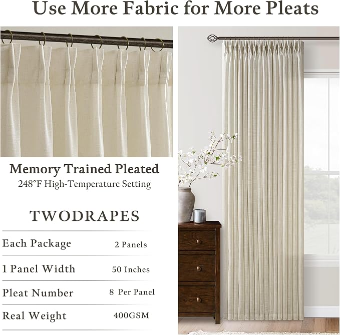 Linen Semi Sheer Beige Tan Pinch Pleated Curtains 92 Inches Long 50Wx92L | 92 - Image 5