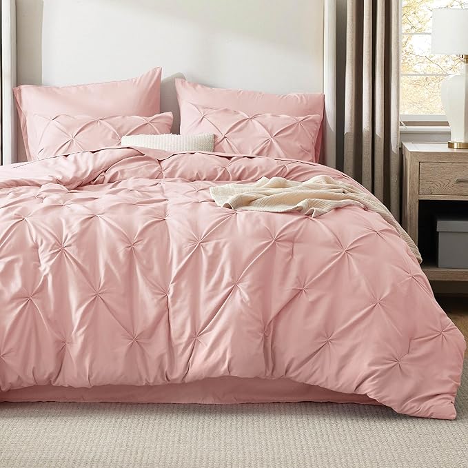 Bedsure Queen Comforter Set Pink - Bed in a Bag Queen Size Bedding 7 Pieces, GentleSoft™ Pintuck Bed Set Gift for Family, Pinch Pleat All Season Comforter with Sheets, Pillowcases & Shams