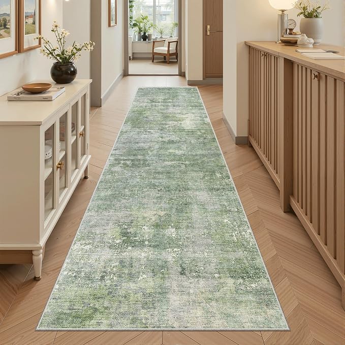 Soalmost Abstract Runner Rug 2x8 Hallway Kitchen Runners Green/Ivory | Vintage - Image 3