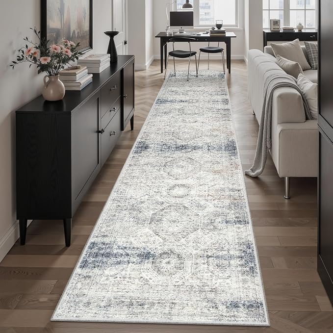 Soalmost Runner Rug 2x10 Washable Hallway Kitchen Runners Blue/Ivory | Non-Slip - Image 4