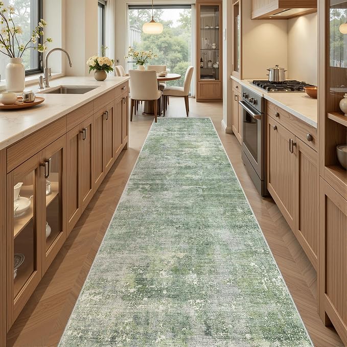 Soalmost Abstract Runner Rug 2x12 Hallway Kitchen Runners Green/Ivory | Vintage - Image 2