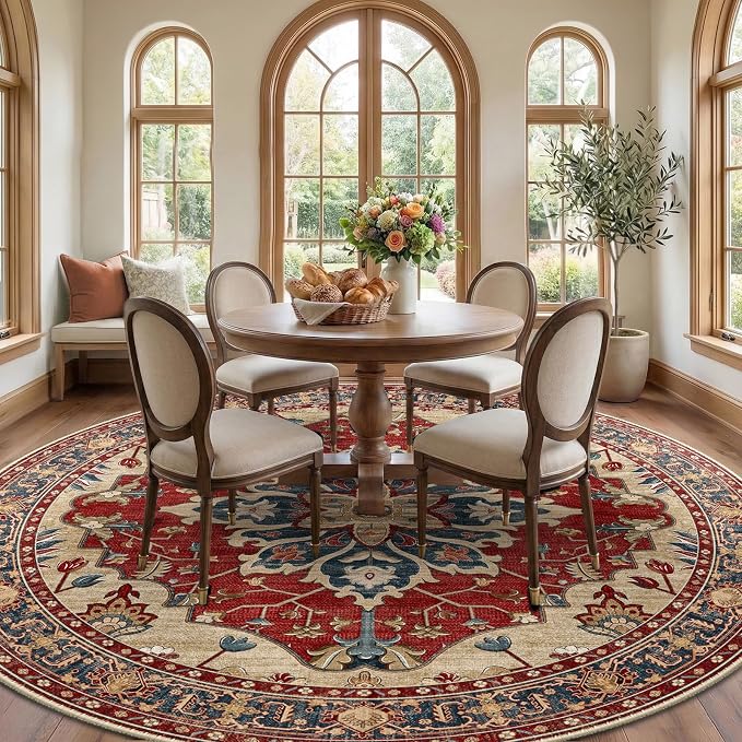 RELEANY Washable Area Rug, Round 8ft, Water Repellent, Pet Friendly, Vintage - Image 2