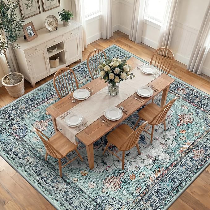 RELEANY Washable Area Rug, Square 10'x10', Teal Green/White/Navy | Non-Slip by RELEANY