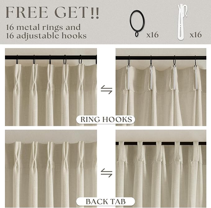 92 Inch Beige Flax Linen Curtains Pinch Pleated 2 Panels Set | Memory Training - Image 5
