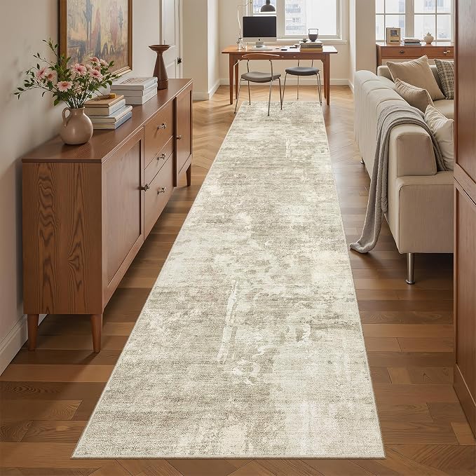 Soalmost Abstract Runner Rug 2x12 Hallway Kitchen Runners Beige/Gray | Vintage - Image 2