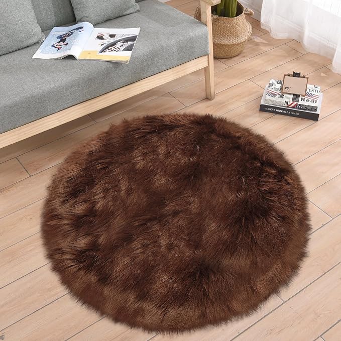 3ft Small Round Brown Rug, Thick Furry Fluffy Carpet - Image 4