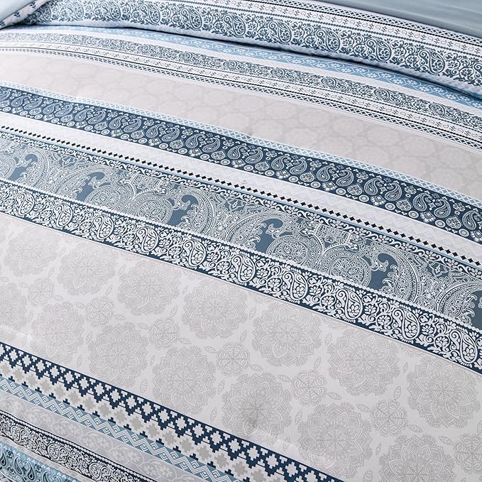 Cottolester Boho Comforter Set Full Size Light Blue Comforter Set 8 Piece Bed in a Bag Striped Paisley Bedding Sets