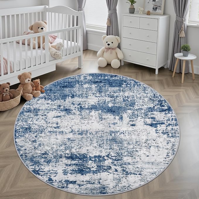 Round Area Rug Living Room: 5 ft Modern Washable Carpet Blue | - Image 3
