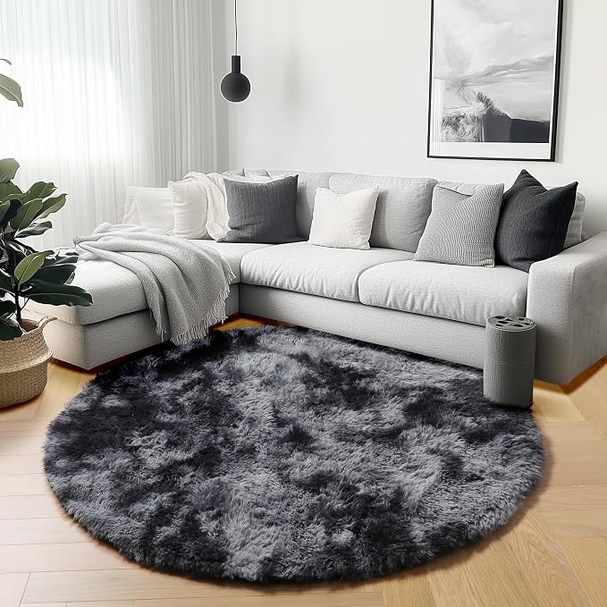 Tie-Dyed Dark Grey Round Area Rugs 5ft, Ultra Soft Bedroom Circle Rug - Image 5