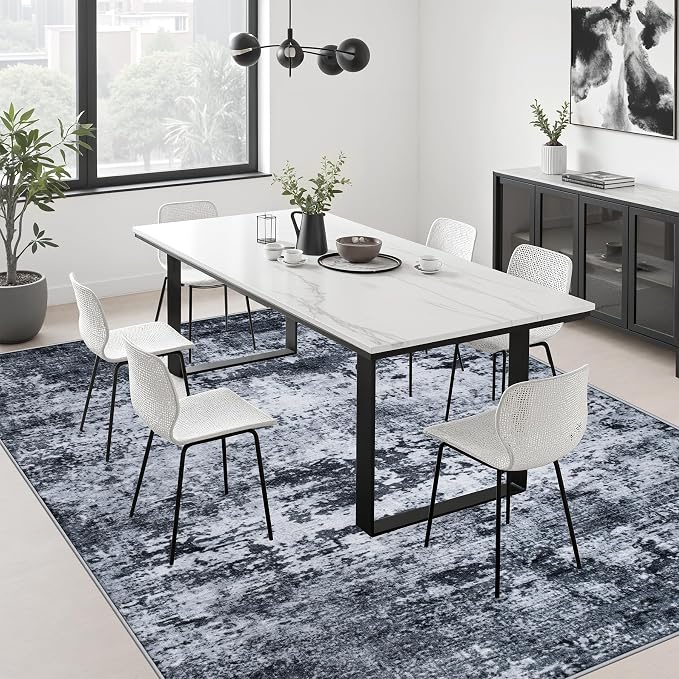 6x9 Area Rug Living Room: Modern Washable Indoor Carpet Black | - Image 4