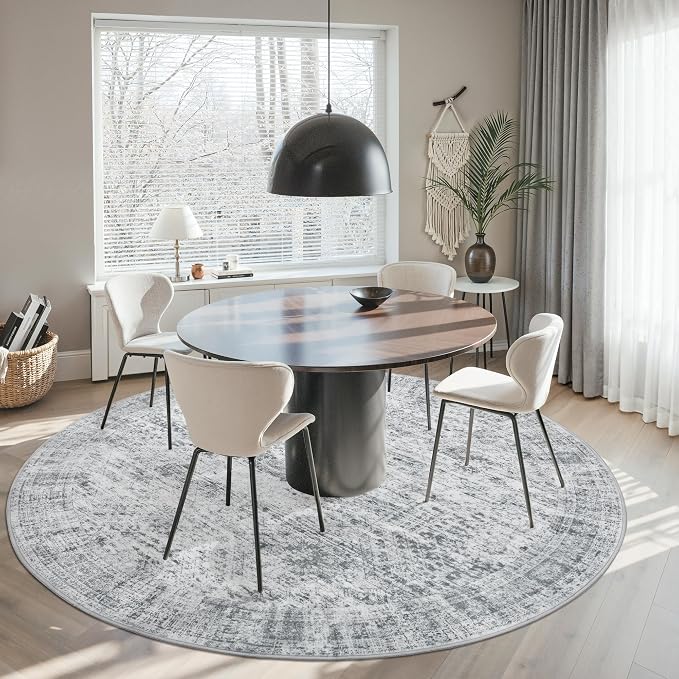 Soalmost Round Rugs 8ft Living Room Circle Area Rug 8x8 Grey Vintage | Washable - Image 9