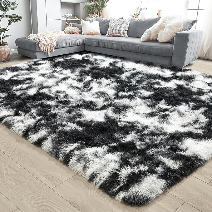 8x10 Extra Large Tie-Dyed Black and White Fluffy Area Rug Non-Slip - Image 4