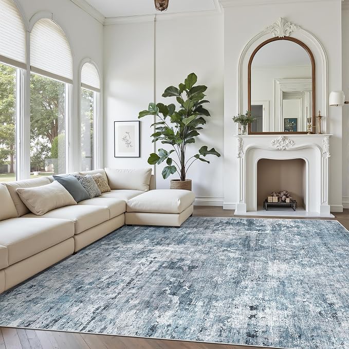 Soalmost Abstract Rug 8x12 Large Living Room Area Rugs Washable Blue/Grey | - Image 4