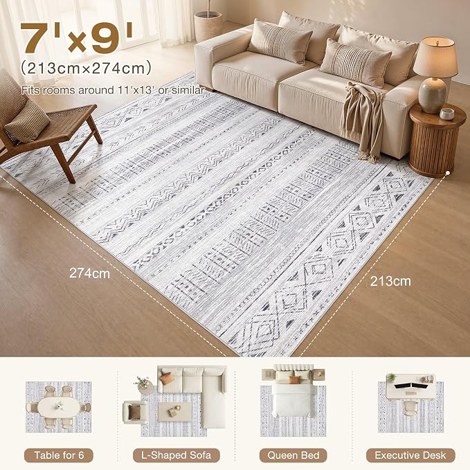 cotiled Boho 7x9 Area Rug for Living Room: Large Moroccan Washable Rug | Solve - Image 9