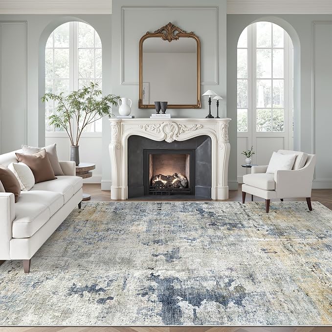 Soalmost Abstract Rug 8x10 Large Living Room Area Rugs Washable Blue/Yellow | by Soalmost