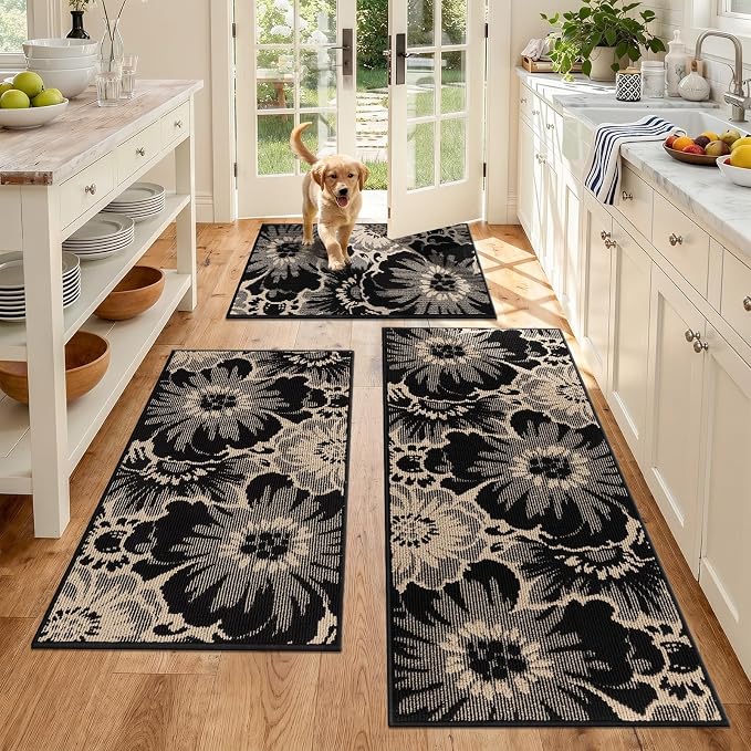 Findosom Washable Kitchen Rug Set of 3, Non Slip High-Low Textured Floral by Findosom