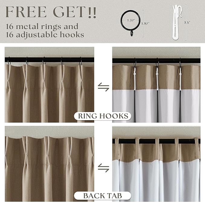 Light Brown Pinch Pleat 100% Blackout Linen Curtains 2 Layers 45 Inch Long | - Image 6