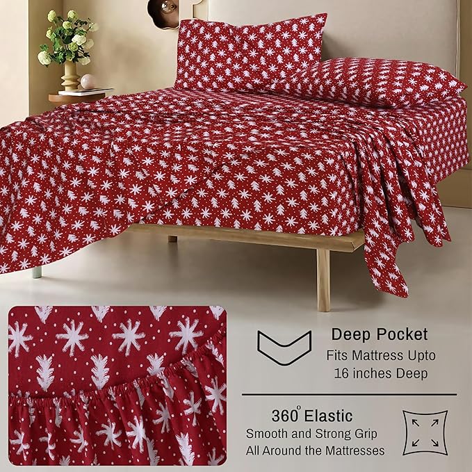 RUVANTI Flannel Sheets Twin Size - 100% Cotton Double Brushed Twin Sheets Set, Deep Pockets 16 Inches, All Seasons Breathable & Extra Soft Bed Sheets, Warm & Cozy, 3 Piece, Red Christmas