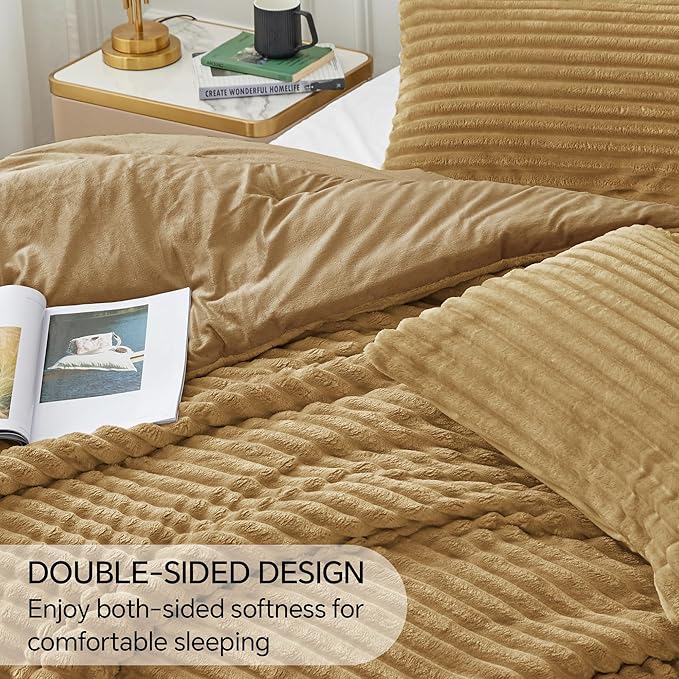 BEDELITE Fleece Queen Comforter Set -Super Soft & Warm Fluffy Brown Bedding, Luxury Fuzzy Heavy Bed Set for Winter with 2 Pillow Cases