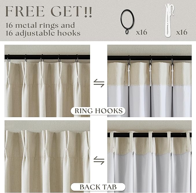 Cream Beige 63 Inch Length Blackout Pinch Pleated Linen Curtains - Image 6
