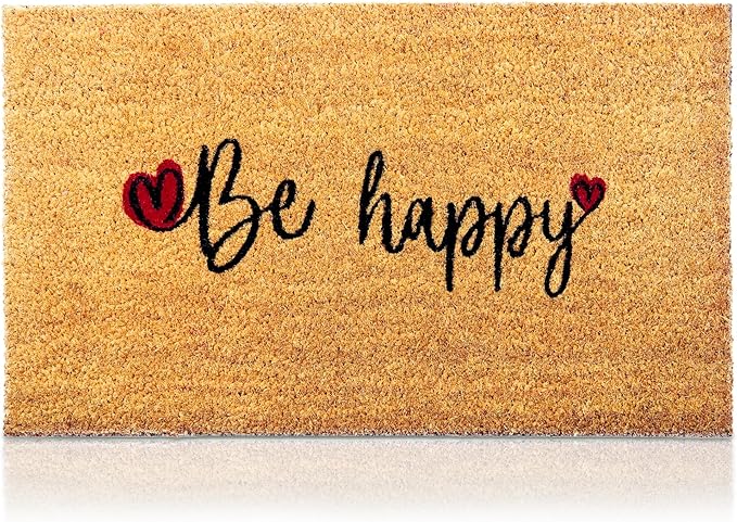 Coir Welcome Mat, Be Happy, 17 x 29 in | 100% Natural Coir, Anti-Shedding by AmaruDoorMats