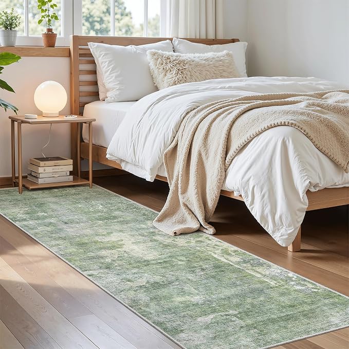 Soalmost Runner Rug 2'6"x8' Kitchen Hallway Runners Abstract Green/Ivory | - Image 4