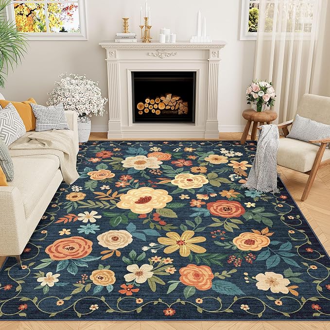 DUKINO 9x12 Area Rug for Living Room, Washable Rug Non Slip, Low Pile, Floral by DUKINO