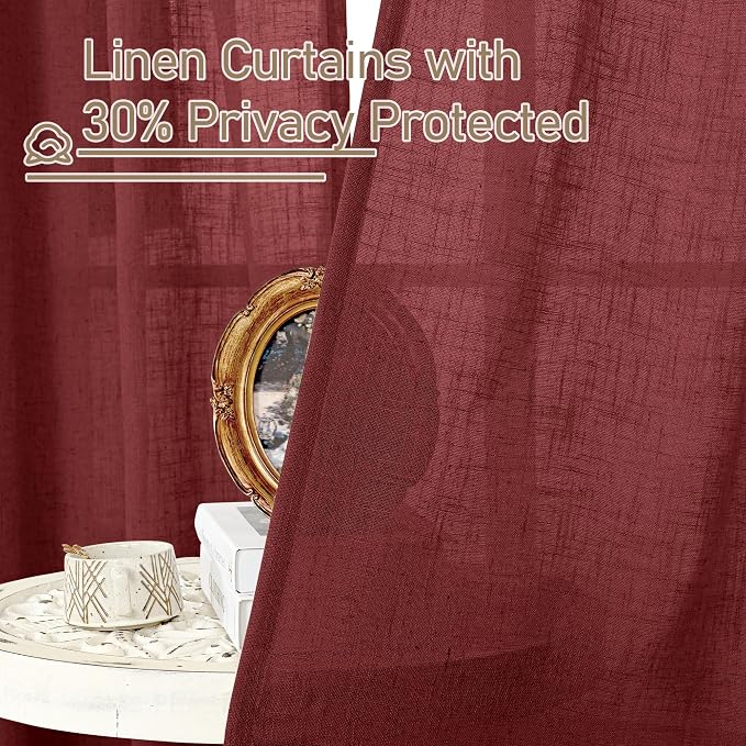 Burgundy Red Sheer Linen Curtains 63 Inch Length, Linen Textured Light - Image 6