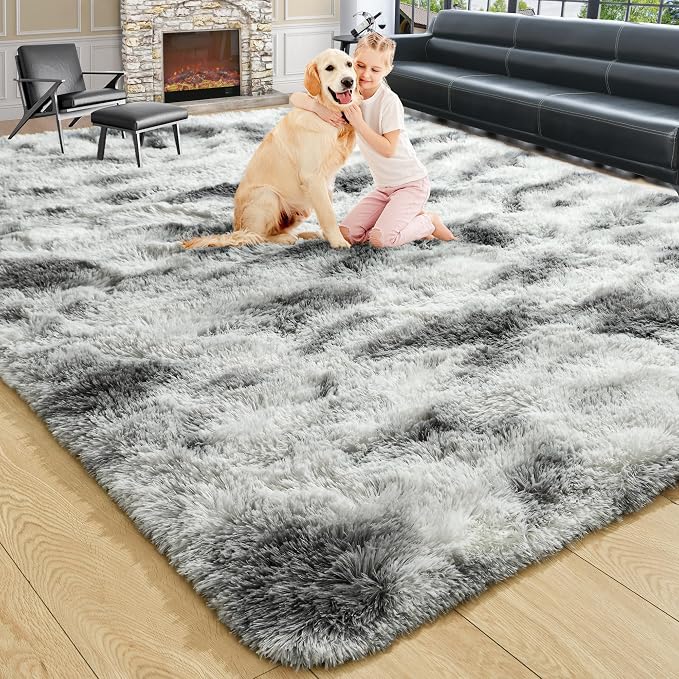 6x9 Large Tie-Dyed Grey and White Fluffy Area Rug Non-Slip - Image 9