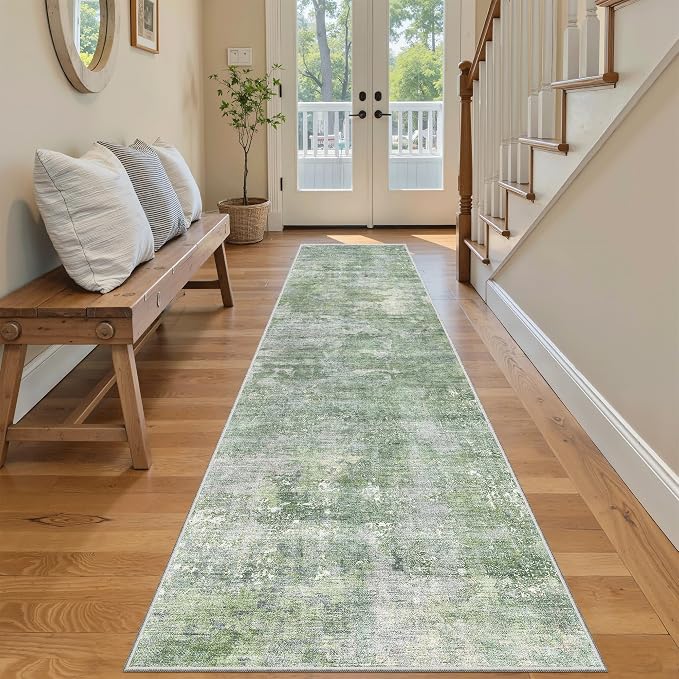 Soalmost Abstract Runner Rug 2x8 Hallway Kitchen Runners Green/Ivory | Vintage - Image 2