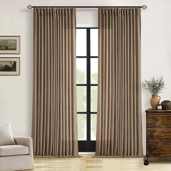 92 Inch Memory Shaped Light Filtering Linen Pleat Brown Window Curtains | Dutch by Twodrapes