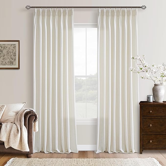 126 Inch Long Pinch Pleat Natural Light Filter Linen Curtains 50 Inch Wide | by Twodrapes
