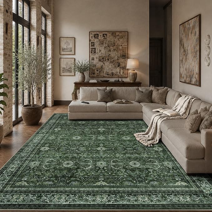 Schweek 9x12 Area Rug Green Washable Non-Slip Vintage Rugs by Schweek