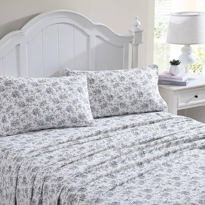 Laura Ashley - Flannel Sheets King Size, Anti-Pilling & Wrinkle Resistant Cotton, Touchably Soft for All-Season Comfort - Bed Sheets with Matching Pillowcases & Fitted Sheet (Faye Toile Black)