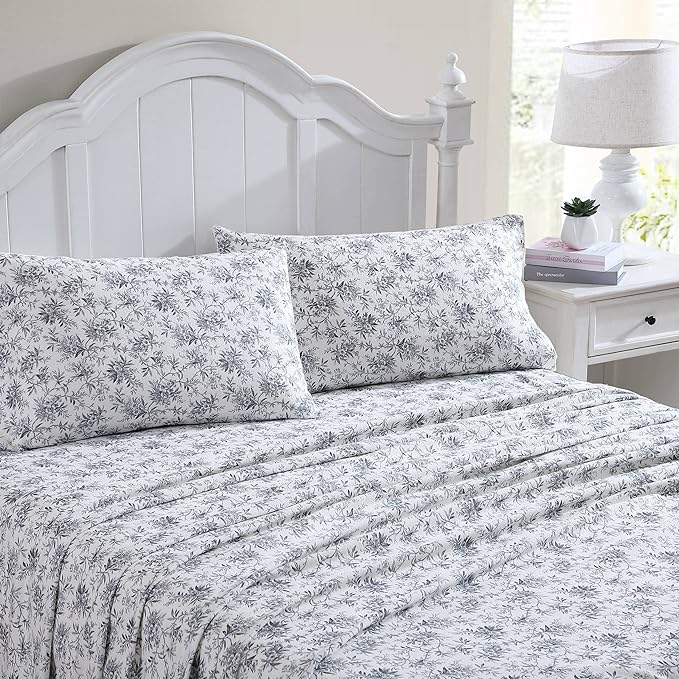 Laura Ashley - Flannel Sheets Full Size, Anti-Pilling & Wrinkle Resistant Cotton, Touchably Soft for All-Season Comfort - Bed Sheets with Matching Pillowcases & Fitted Sheet (Faye Toile Black)