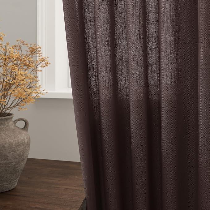 Coffee Linen Curtains for Living Room Back Tab Light Filtering Privacy Semi - Image 2