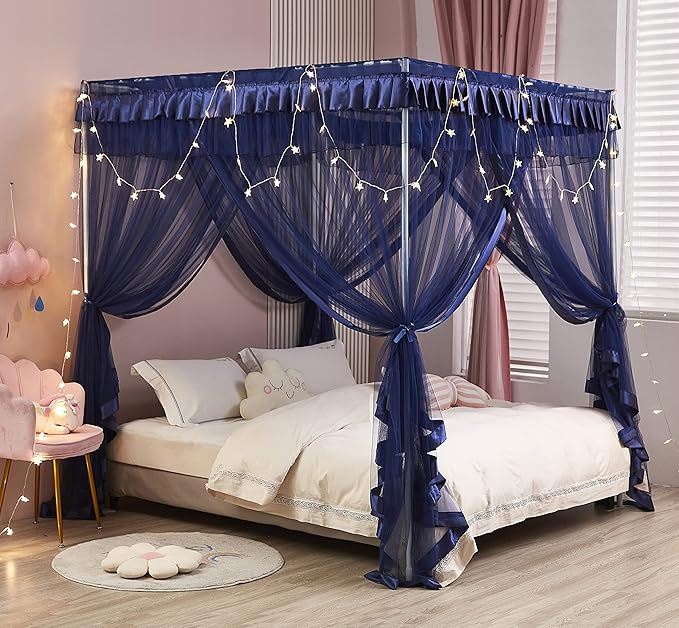 Mengersi 4 Corners Post Canopy Bed Curtains Navy Blue- Bed Canopy Royal Luxurious Bed Drapes Netting- Elegant Bedroom Decoration Accessories for Adults,King