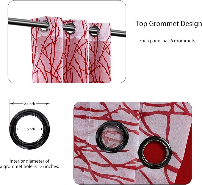 BONZER Mix and Match Curtains - 2 Pieces Branch Print Sheer Curtains and 2 Pieces Blackout Curtains for Bedroom Living Room Grommet Window Drapes, 37x95 Inch/Panel, Red, Set of 4 Panels
